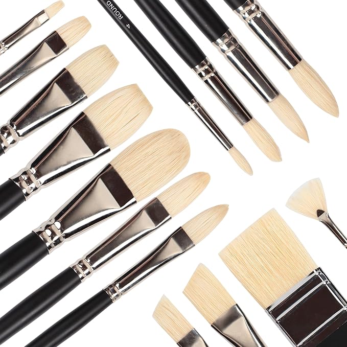 Falling in Art Oil Paint Brush Set, Natural Hog Bristle Paintbrush Set, 15PCS Long Handled Professional Paint Brushes for Acrylic Painting, Oil Paint Brushes with Bamboo Storage Pouch