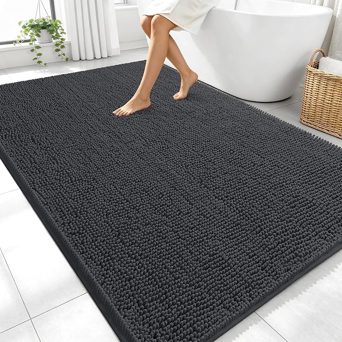 OLANLY Large Bathroom Rugs 70x46, Extra Soft Absorbent Chenille Bath Rugs, Rubber Backing Quick Dry, Machine Washable Bath Mats for Bathroom Floor, Tub and Shower, Home Decor Accessories, Dark Grey