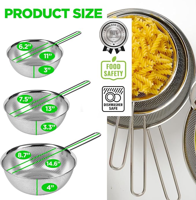 Premium 18/8 304 Stainless Steel Set of 3 – Micro-Perforated Strainer with Long Handle, Self-Draining Base for Pasta Rice Vegetables, 18/8 304 Heavy Duty (1.5, 2.5, 4 Qt) Made in Korea