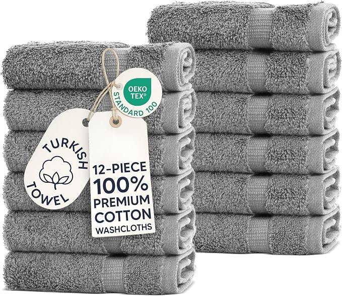 Chakir Turkish Linens 12 Piece Washcloth Set, 100% Cotton Luxury Turkish Washcloths for Bathroom, Soft Absorbent Washcloths, 13 x 13 Inches, Gray