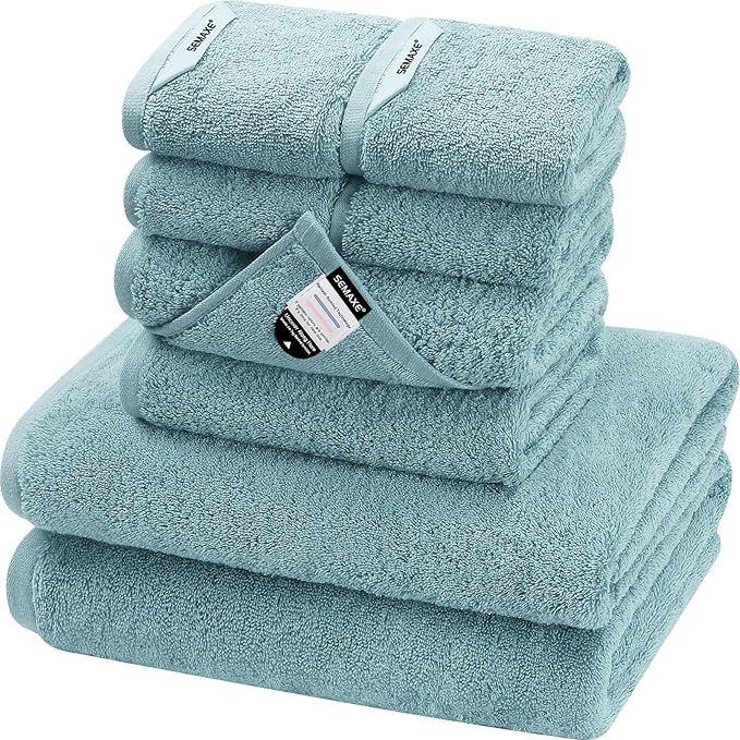 SEMAXE Bath Towel Set, 8 Piece Towel Set for Bathroom, Quick Dry Cotton Towels with Hanging Loops, Easy Care, Blue
