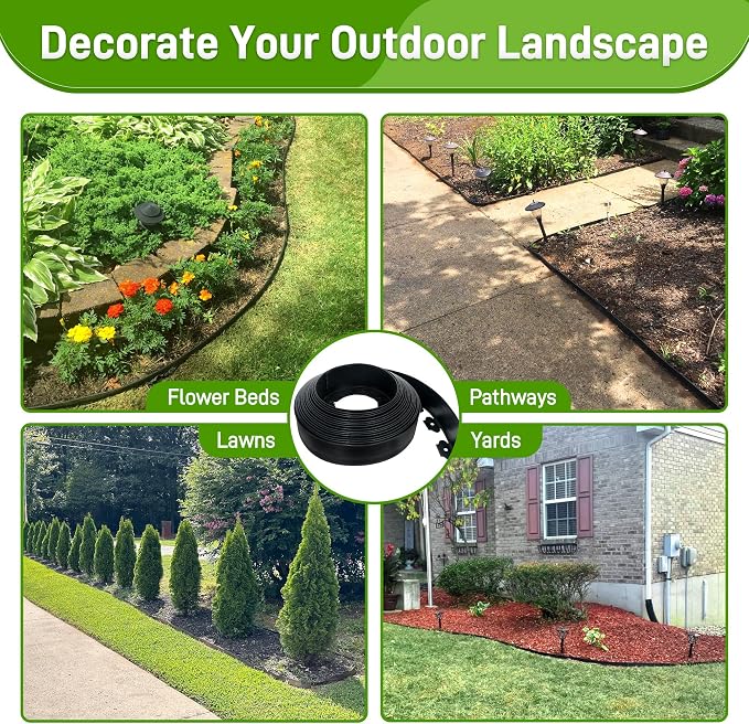 Quibbay 3.15" x 50' Landscape Edging, Plastic Garden Edging Borders with 75 Anchoring Spikes, Flexible Lawn Edging for Landscaping Garden Flower Beds Grass Yard Paver Pathway, Black