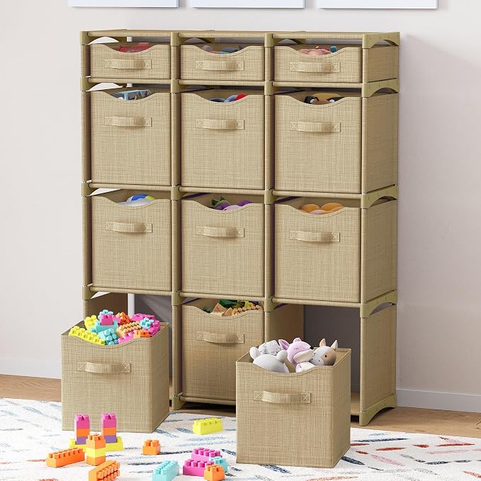 Cube Storage Organizer with 12 Storage Bins Included – Storage Cubes for Home Organization, Toy Storage, Office Storage, Living Room Storage, and General Storage Solution (Beige)