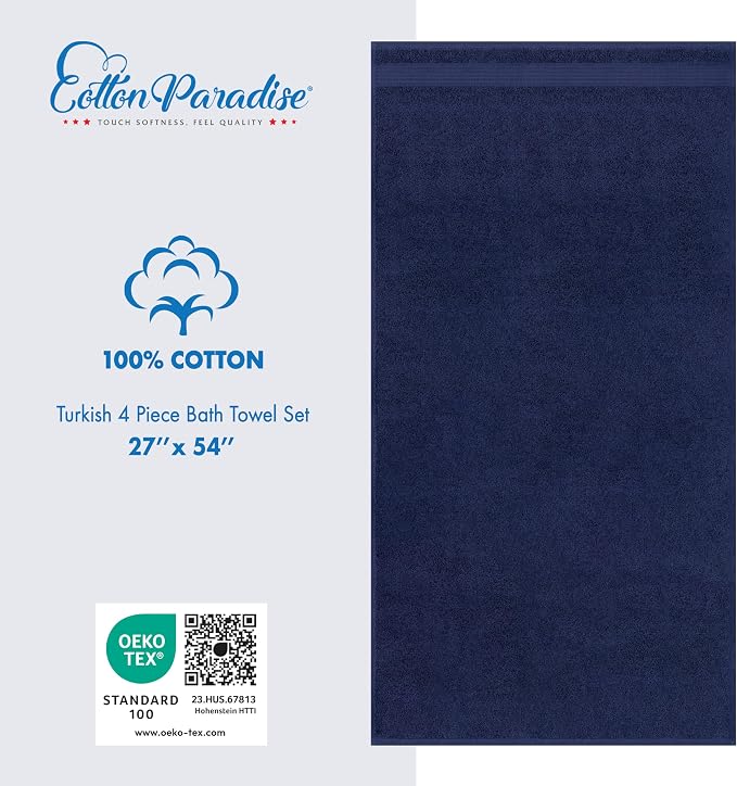 Cotton Paradise 100% Cotton Turkish Towel Set, Soft Absorbent Quick Dry, 4 Piece Bath Towel Set, Navy Blue
