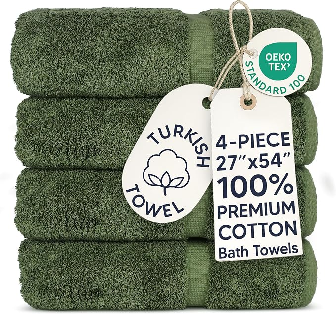 Chakir Turkish Linens 4 Piece Large Bath Towels, 100% Cotton Turkish Towels for Bathroom, Luxury Soft Absorbent Bath Towel Set, 27 x 54 Inches, Moss