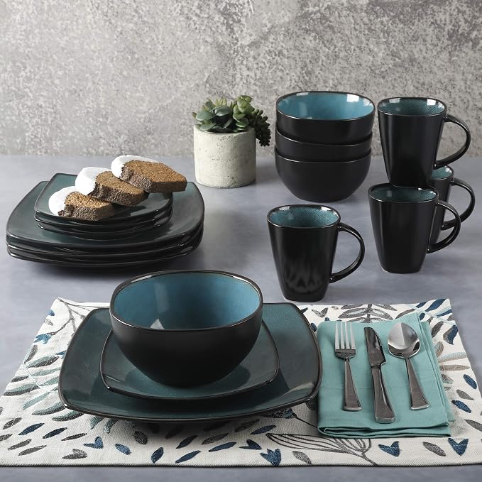 Gibson Elite Soho Lounge 16-Piece Reactive Glaze Dinnerware Set – Teal and Black Tutone Stoneware Plates and Bowls
