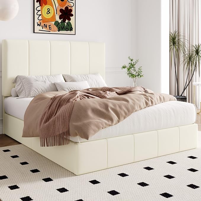 Allewie Queen Size Velvet Lift Up Hydrualic Storage Bed Frame, Cream | Vertical Channel Tufted Headboard, Hydrualic Underneath Storage, Upholstered Platform Bed, No Box Spring Needed