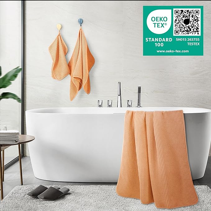 POLYTE 430 GSM Microfiber Quick Dry Lint Free Oversize Bath Towel Set, 6 Piece (Waffle Weave)