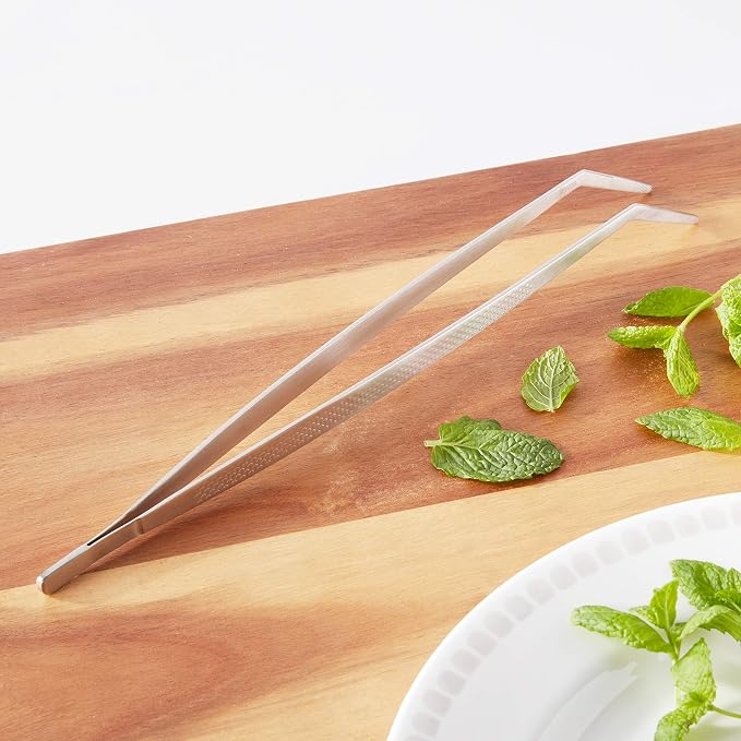 Mercer Culinary 18-8 Stainless Steel Precision Plus Chef Plating Tong, Curved Tip, 11-3/4 Inch