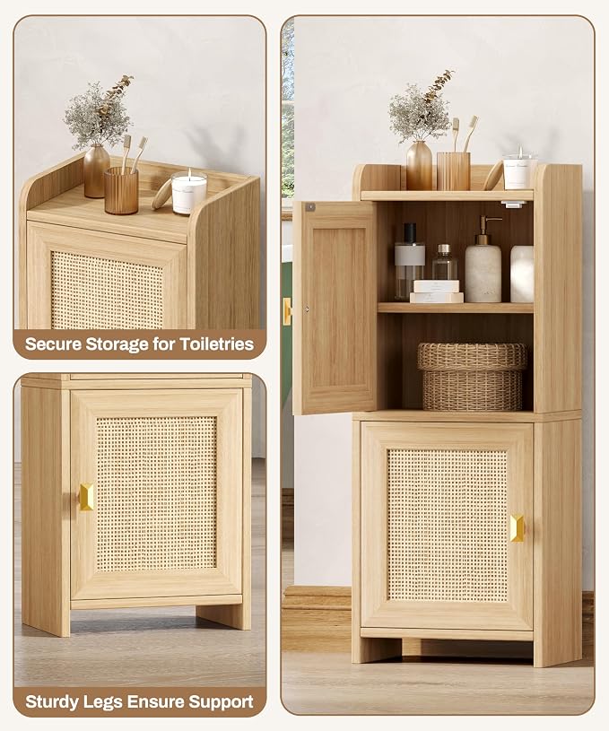 Akxomel Rattan Small Bathroom Cabinet Narrow Toilet Paper Organizer Oak | 7.9''D x 11.8''W Bathroom Organizer and Storage Cabinet for Small Space, Slim Corner Unit with Adjustable Shelf