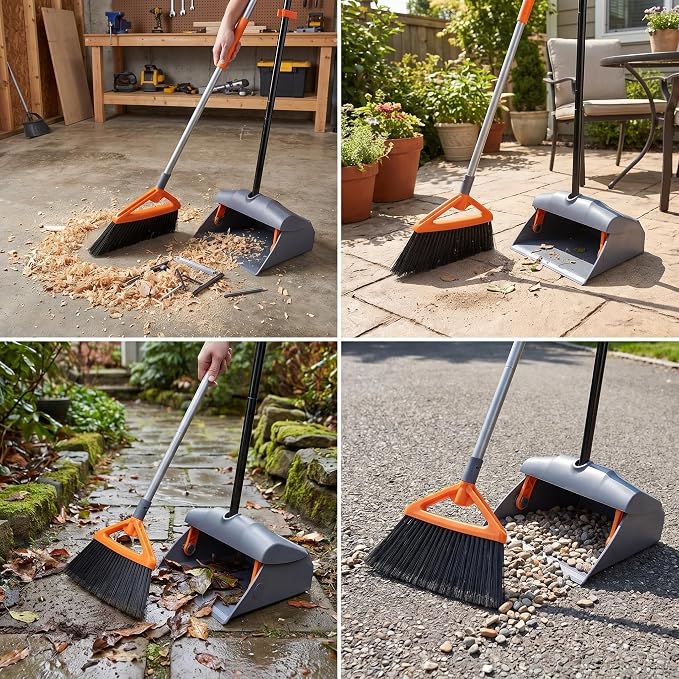 CLEANHOME Heavy Duty Broom with Dustpan Combo Set Indoor and Outdoor Dual Purpose,Stiff Bristle Commercial Angle Broom and Standing Dust Pans with Long Handle for Sweeping Home,Kitchen,Yard,Grey