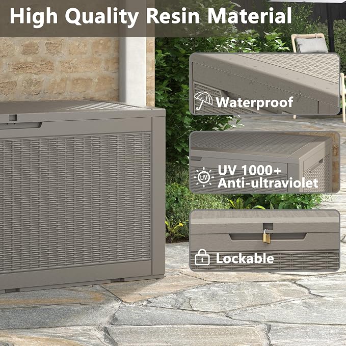 120 Gallon Waterproof Large Resin Deck Box, Lockable Large Outdoor Storage Boxes Indoor Outdoor Storage Container for Patio Cushions, Gardening Tools, Pool Supplies, Grey