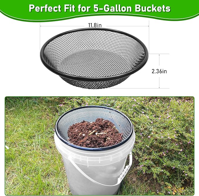 2Pcs 11.8" W Soil Sifter for Gardening, 2, 4mm Grid Rock Sifter for 5 Gallon Bucket, Stainless Steel Fine Dirt Sifter, Compost Sifter for Capturing Dirt, Sand, Rocks, and Filtering Compost (Black)