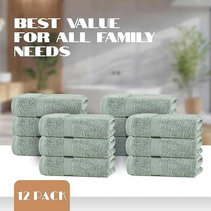 White Classic Green Hand Towels for Bathroom [12 Pack] Cotton Hand Towel Bulk for Gym, Kitchen and Spa, 16x27 Inches Soft Highly Absorbent Quick Dry Terry Salon Towels