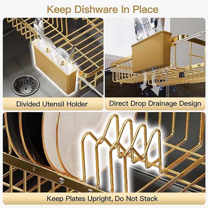 JASIWAY Gold Dish Drying Rack Over the Sink with Utensil Holder | Expandable Stainless Steel Dish Driainers for Small Kitchen, Counter Space Saving, Fast Drain, Rust Resistant, For Apartment