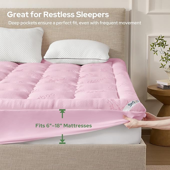 BEDLORE King Mattress Topper Viscose Derived from Bamboo, Thick Pillow Top Mattress Pad with Stretchable Pockets for 6"-18" Mattress, Soft Breathable Mattress Topper for Back Pain Relief(Pink)