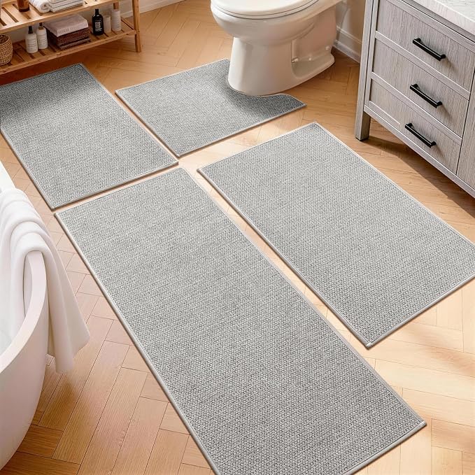 YIHOUSE Gray Bathroom Rugs Sets 4 Piece, Quick Dry Thin Bath Mat with Toilet Rug, Non Slip Absorbent Machine Washable, Bath Runner Rugs for Bathtub Sink Home Decor