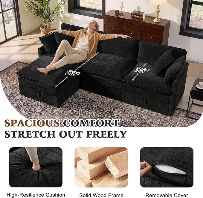 Ihanherry 103" Modular Sectional Sofa with Storage, L Shaped Cloud Couch with Movable Ottomans & 4 Pillows, Chenille Deep Seat Sectional Couches for Living Room, Apartment (Black)
