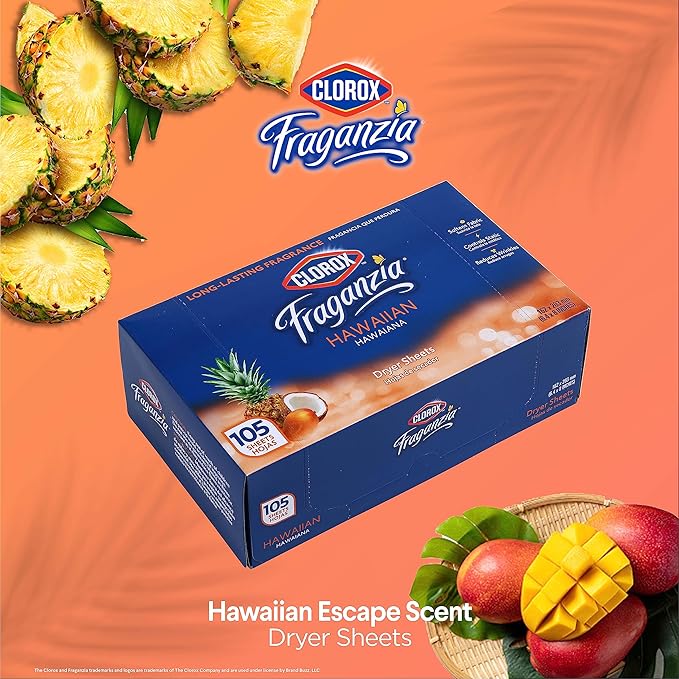 Clorox Fraganzia Fabric Softener Dryer Sheets, Wrinkle Reducing Anti Static, Great Smelling Clothes Softens Fabrics, Hawaiian Escape Scent, 105 Count