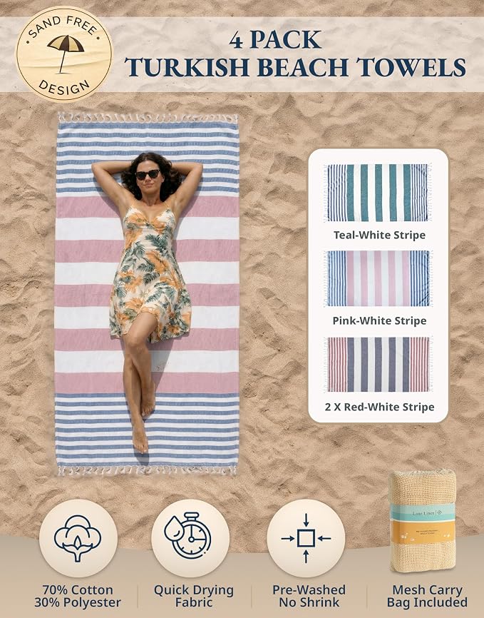 LANE LINEN Beach Towels 4 Pack, Beach Towels Oversized, Lightweight - Multi | Pre-Washed Extra Large Beach Towel - 39"x71", Vacation Essential - Machine Washable, Travel & Camping, Super Absorbent