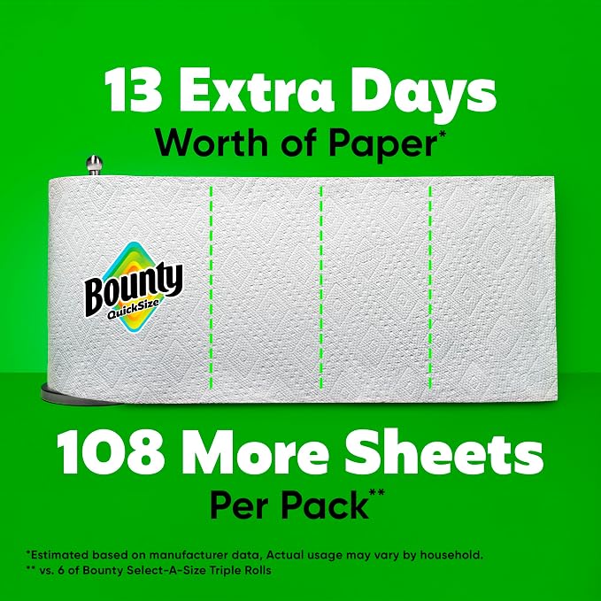 Bounty Paper Towels Quick Size, White, 6 Family Triple Rolls = 20+ Regular Rolls