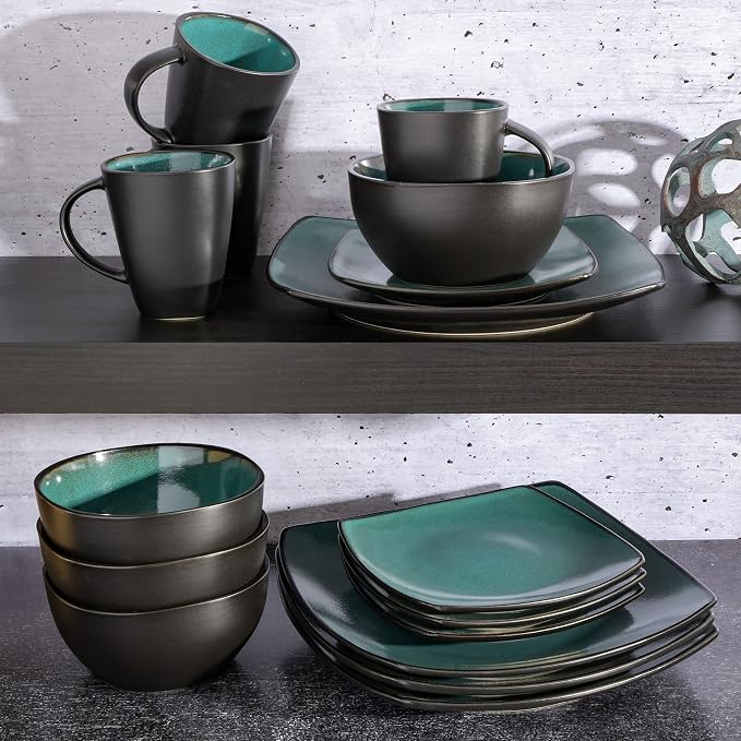 Gibson Elite Soho Lounge 16-Piece Reactive Glaze Dinnerware Set – Teal and Black Tutone Stoneware Plates and Bowls