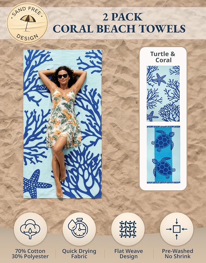 LANE LINEN Beach Towel 2 Pack, Super Absorbent, Pre-Washed - Turtle & Coral | Oversized Beach Towel 39"x71" - Lightweight Beach Essentials for Women - Large Pool Towel, Absorbent & Quick Dry, Pre-Washed