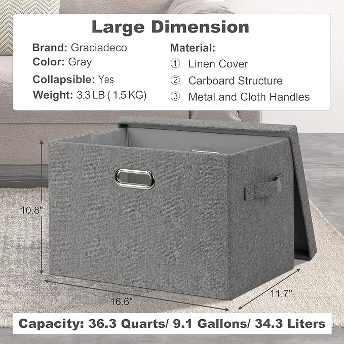Graciadeco Large 17" 36 Quart Collapsible Stackable Storage Bins with Lids, 3 Packs Grey Linen Fabric Closet Boxes with Lids, Storage Cube Baskets Container Organizers for Bedroom Office(17 x12 x11)