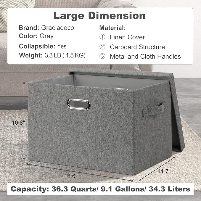 Graciadeco Large 17" 36 Quart Collapsible Stackable Storage Bins with Lids, 1 Pack Grey Foldable Fabric Closet Storage Boxes with Lids, 4 Handles Heavy-duty Linen Cube Baskets for Bedroom