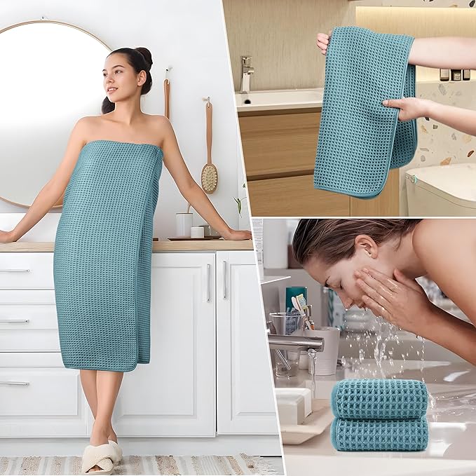 POLYTE 430 GSM Microfiber Quick Dry Lint Free Oversize Bath Towel Set, 6 Piece (Waffle Weave)