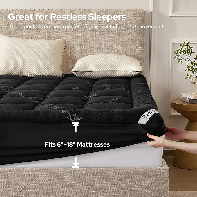 BEDLORE California King Mattress Topper Viscose Derived from Bamboo, Thick Pillow Top Mattress Pad with Stretchable Pockets for 6"-18" Mattress, Soft Mattress Topper for Back Pain Relief(Black)