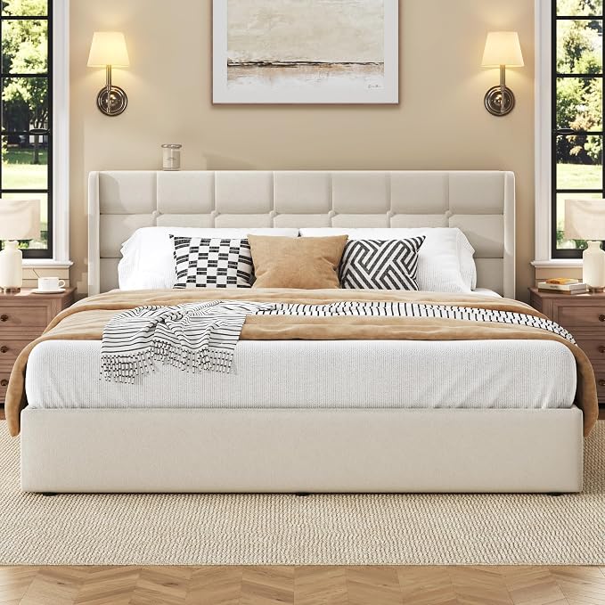 HISOFT King Size Lift Up Storage Bed Frame, Velvet Upholstered Platform Bed with Wingback Headboard, Heavy Duty Hydraulic Gas Lift Underbed Space, Reinforced Full Metal Slats, Noise Free, Light Beige