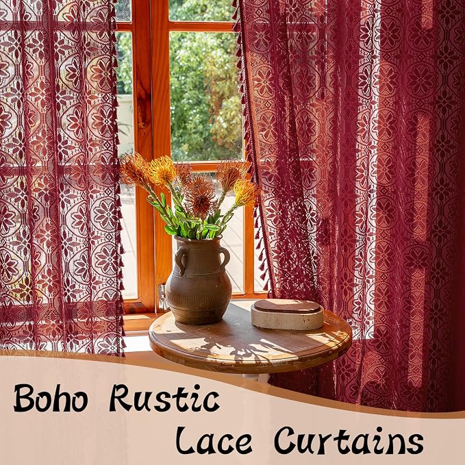 Sutuo Home Burgundy Boho Sheer Curtains 84 inches Long 2 Panels for Bedroom | Red Lace Curtains Cottage Light Filtering Bohemian Farmhouse Vintage Crochet Tassels Victorian Floral Decor Rod Pocket, 50" W
