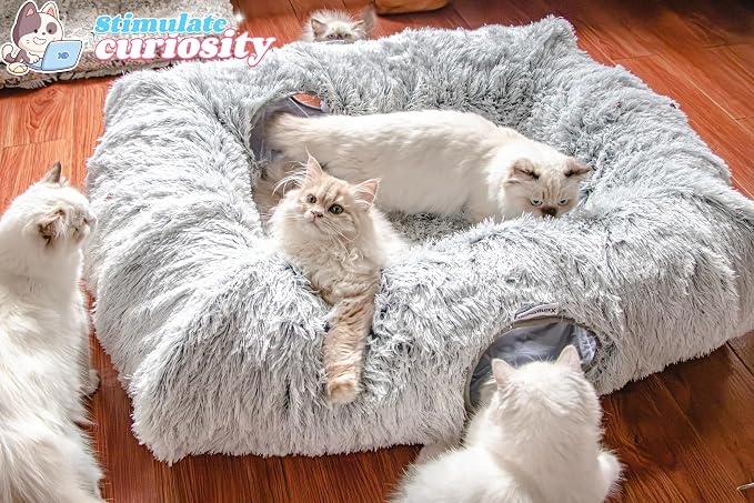 XxingSheep 4-Cave Plush XL Cat Tunnel Bed Indoor Cats Peekaboo Toy Mat Grey | Plush XL Cat Tunnel Bed, 4-Cave Peekaboo Toy, Cozy Donut Mat for All Cats