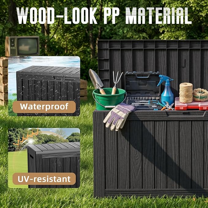 DRATO 100 Gallon Deck Boxes Outdoor Waterproof Storage Box with Wheels | Lockable Weatherproof Resin Outside Patio Storage Box for Backyard Furniture Pool Supplies Garden Tools, Black