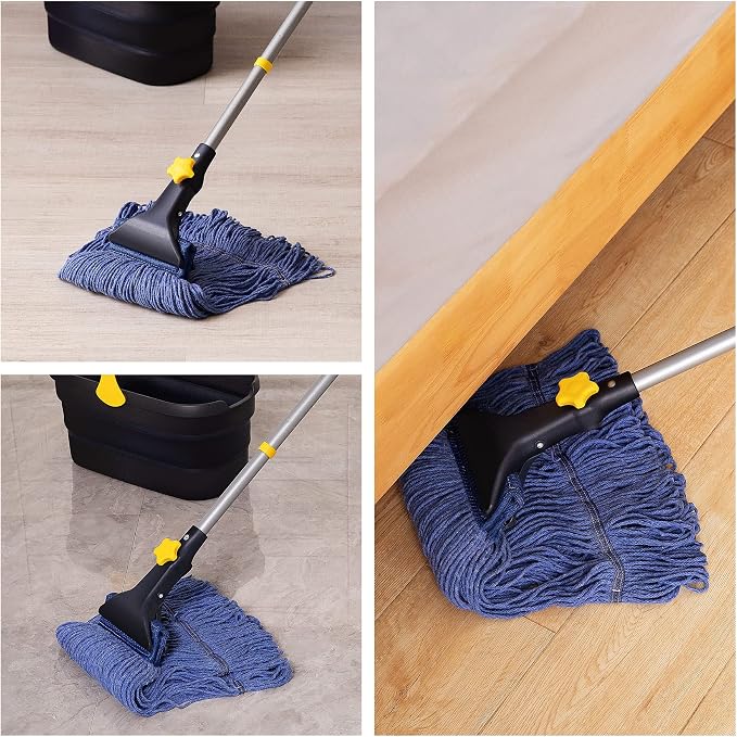 Yocada Commercial Mop Bucket with Wringer Portable Collapsible Plastic Mop Bucket and Looped-End String Wet Mop Heavy Duty Cotton Mop Set Kit