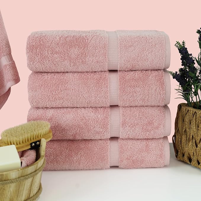 Chakir Turkish Linens 4 Piece Bath Towel Set, 100% Cotton Luxury Turkish Towels for Bathroom, Soft Absorbent Bath Towels, 27 x 54 Inches, Pink