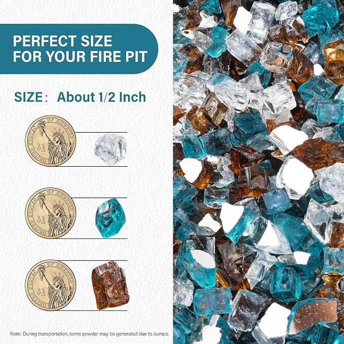 NUPICK 10 Pound Fire Glass, 1/2 Inch Reflective Fire Pit Glass | Fire Pit Rocks for Propane or Natural Gas, Glass Rocks for Fire Pit Table, Fireplace, Aqua Blue & Copper & Platinum Mix