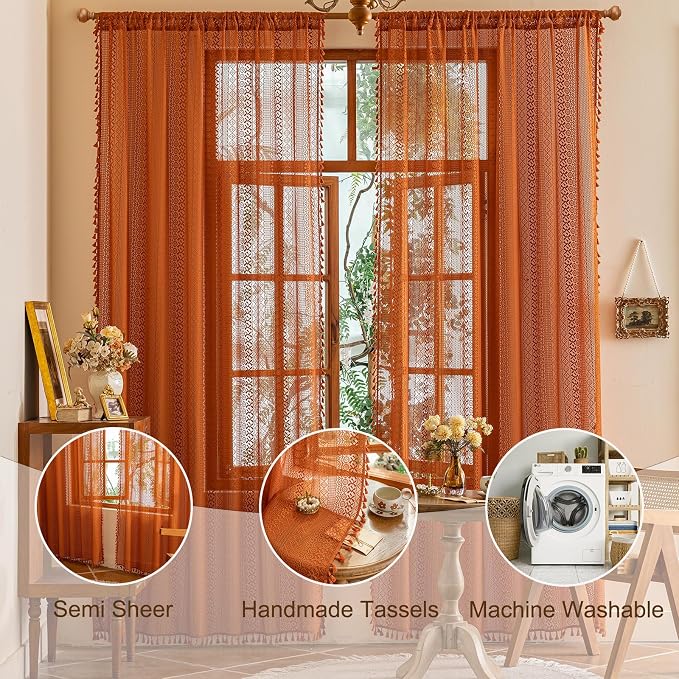 Sutuo Home Boho Sheer Curtains 63 Inch Length for Kitchen Nursery, Lace Curtains Burnt Orange Crochet Vintage Country Tassels Bohemian Privacy Rustic Geometry Rod Pocket, 2 Panels 50" x 63" Terracotta