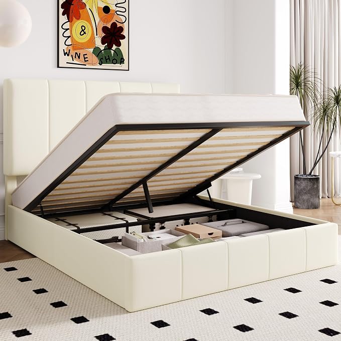 Allewie Queen Size Velvet Lift Up Hydrualic Storage Bed Frame, Cream | Vertical Channel Tufted Headboard, Hydrualic Underneath Storage, Upholstered Platform Bed, No Box Spring Needed