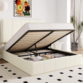 Allewie Queen Size Velvet Lift Up Hydrualic Storage Bed Frame, Cream | Vertical Channel Tufted Headboard, Hydrualic Underneath Storage, Upholstered Platform Bed, No Box Spring Needed