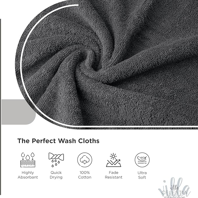 Villa Celestia Cotton Washcloths Set of 6, 12x12 Inch, 100% Ring-Spun Combed Cotton, Soft Absorbent Quick-Dry Wash Cloths for Face and Body, Oeko-TEX Certified, Hotel & Spa Quality, Grey
