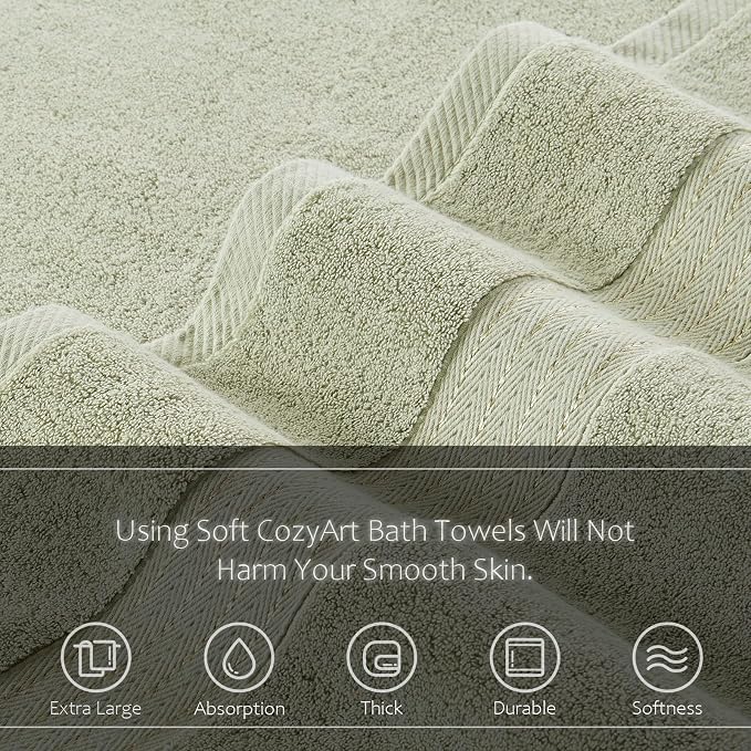 COZYART Luxury Bath Towels 2 PCS, Sage Green 100% Turkish Cotton 650 GSM | OEKO-Tex 100 Certified Zero Twist Ring Spun, Soft Absorbent Quick Dry, Plush Fluffy, Breathable Hotel Quality for Daily Use