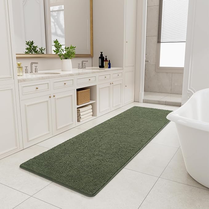 LOCHAS Luxury Bathroom Rug Shaggy Bath Mat 24 x 80 Inch, Olive Green | Washable Non Slip Bath Rugs for Bathroom Shower, Soft Plush Chenille Absorbent Carpets