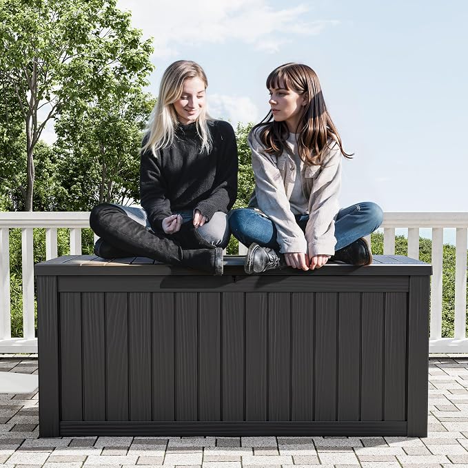 Outdoor Storage Box, 155 Gallon Large Outdoor Resin Deck Box, Storage Waterproof Boxes Lockable Lid for Garden Tools, Pool Supplies, Patio Furniture and Cushions, Black