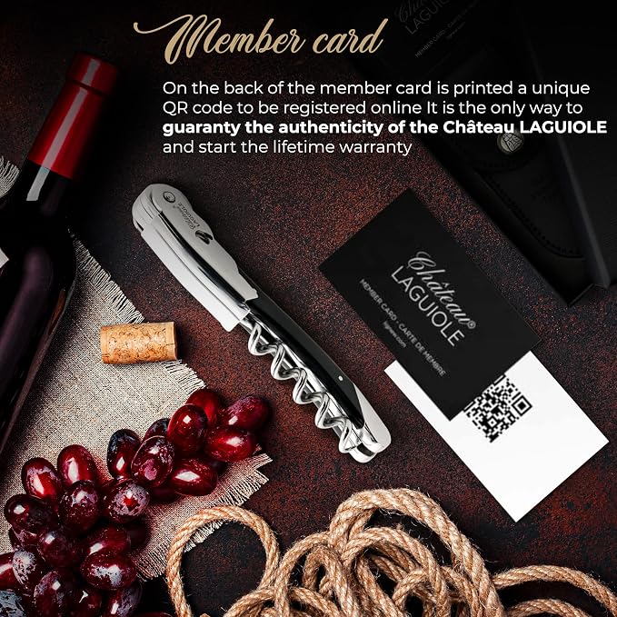 Chateau Laguiole Corkscrew - Luxury French Wine Opener Grand Cru Black Horn Handle with Leather Sheath & Gift Box