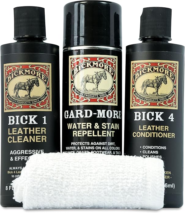 Leather Boot Care Kit - Bick 1 Cleaner, Bick 4 Conditioner, Gard-More Water Repellent Spray & Cloth - Made in USA - Shoe Care Set for Cowboy Boots, Work Boots, Furniture, Bags, Purses, Jackets, & Tack