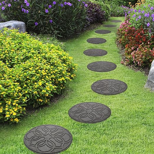 Tierra Verde Pendant Round Rubber Stepping Stones, Grey, 18 x 18 In, 4-Pack | Reversible 2-in-1 Design, Non-Slip Textured Surface, Impact-Absorbing, Easy Install, No Maintenance, for Walkways & Yards