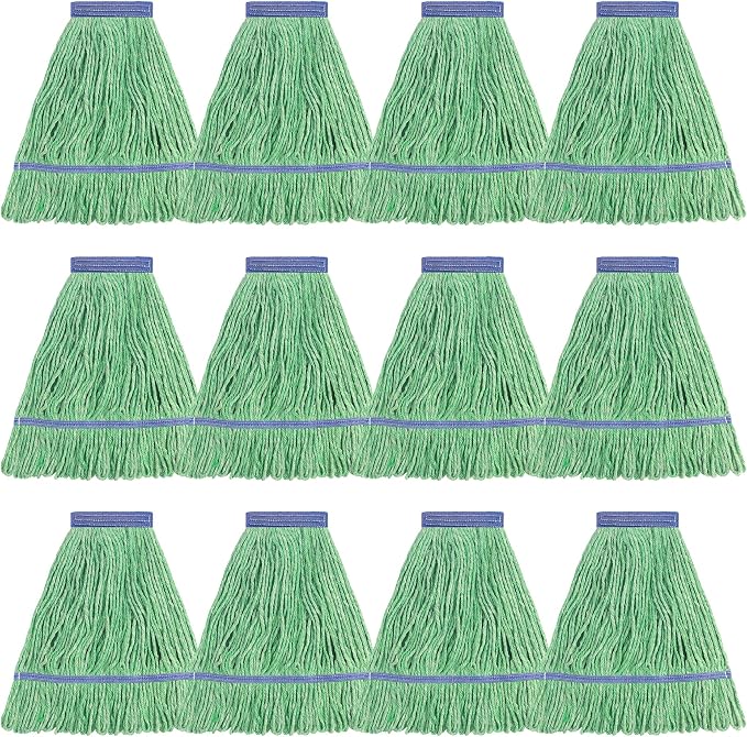 Matthew Cleaning Heavy Duty Mop Head Commercial Replacement for General and Floor Cleaning , Wet Industrial Blue Cotton Looped End String Head Refill (Pack of 12) Green