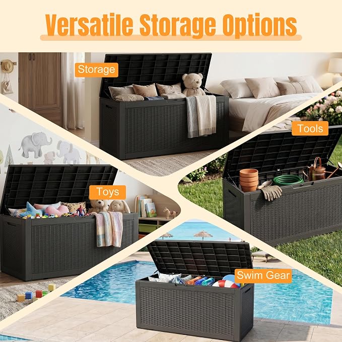 Outdoor Storage Box, 170 Gallon Waterproof Resin Deck Box with Support Rod | UV Resistant Lockable Package Delivery Bin, Shoe, Patio & Garden Tools Storage, Toy Cabinet, Ottoman, Indoor/Outdoor